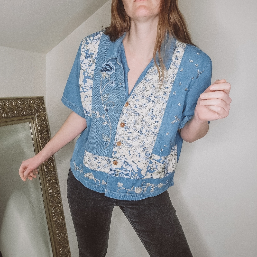 Vintage Denim Patchwork Embroidered Top